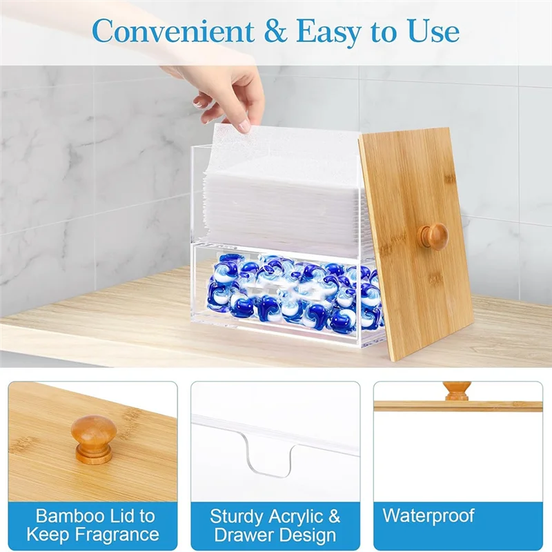 M12K-Acryl-Trocknerblatthalter mit Schublade und Bambusdeckel, transparenter Acryl-Wäschepad-Aufbewahrungsbehälter mit großem Fassungsvermögen