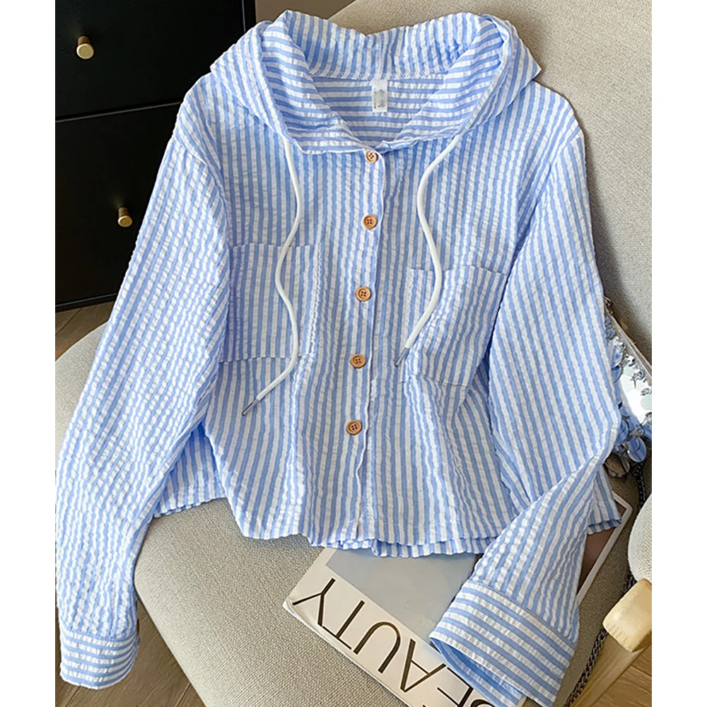 Camicie con cappuccio a righe blu stile coreano Donna Primavera Autunno Manica lunga Cappotto corto Casual Felpe con cappuccio monopetto Top