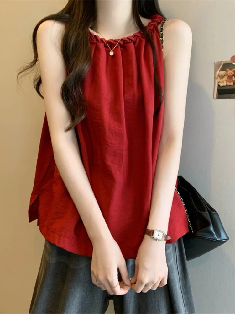 Ankela vermelho pendurado ne irt feminino verão vaion solto fino svel boneca colete superior outerwear coreano sle redondo ne