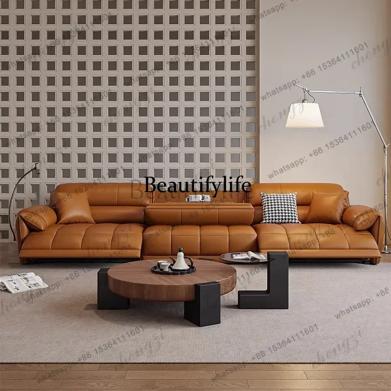 Electric leather sofa living room first layer cowhide modern simple straight row sofa