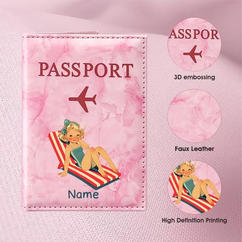 Personalized Name Vintage Swimsuit Girl Illustration Design PU Passport Holder, Featuring a Red And White Striped Lounge Chair