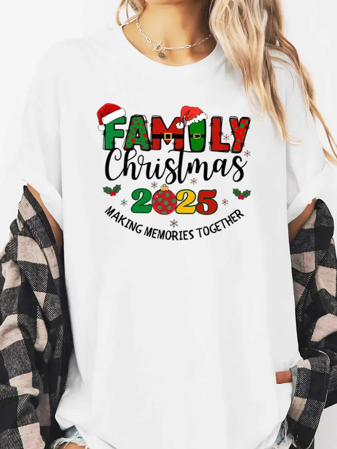 

Family Christmas 2025 Making Memories Together Print T-Shirt Holiday Long Sleeve Women Family Gathering White Plus-size