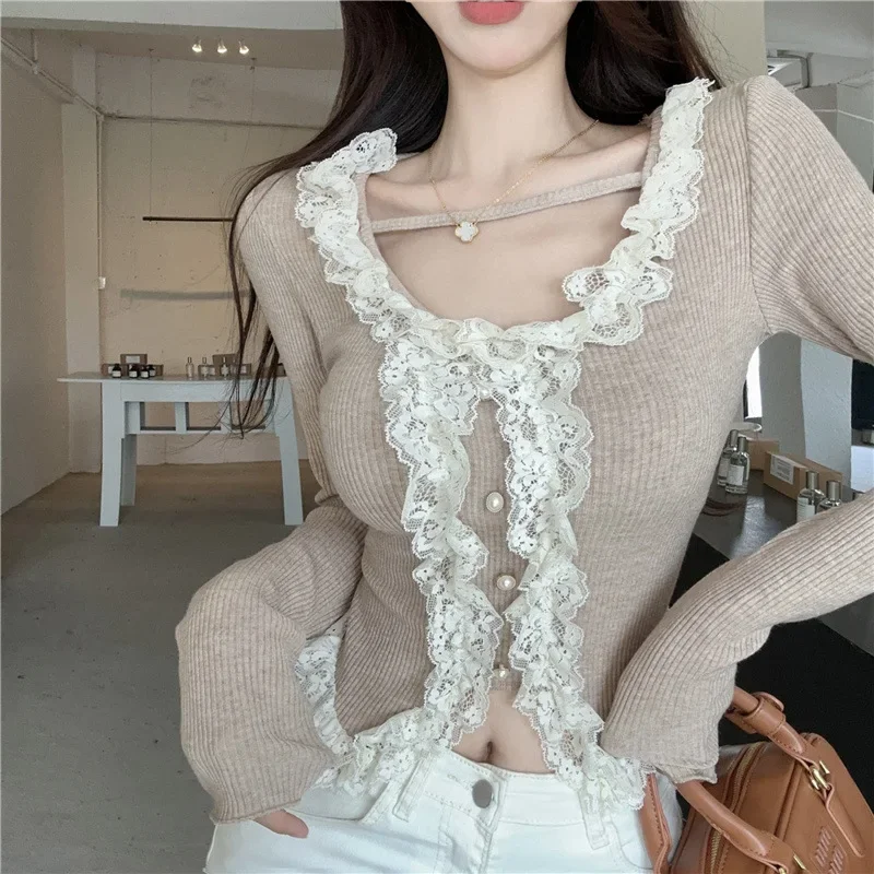 French Elegant Wooden Ear Lace Splicing Long Sleeve Autumn Pure Desire Cropped Slims Smooths Silhouette Slimming Base Layer Top