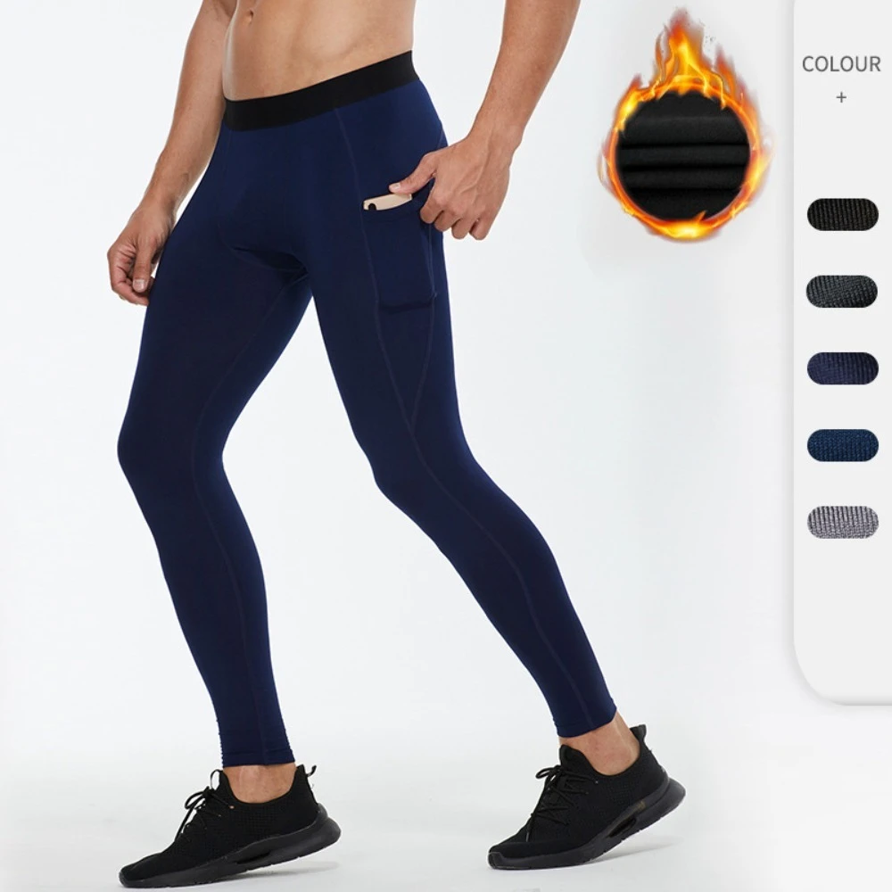 

Мужские брюки для бега на флисовой подкладке, термозащитные тайтсы для бега с карманами, зимние спортивные штаны для тренировок в тренажерном зале