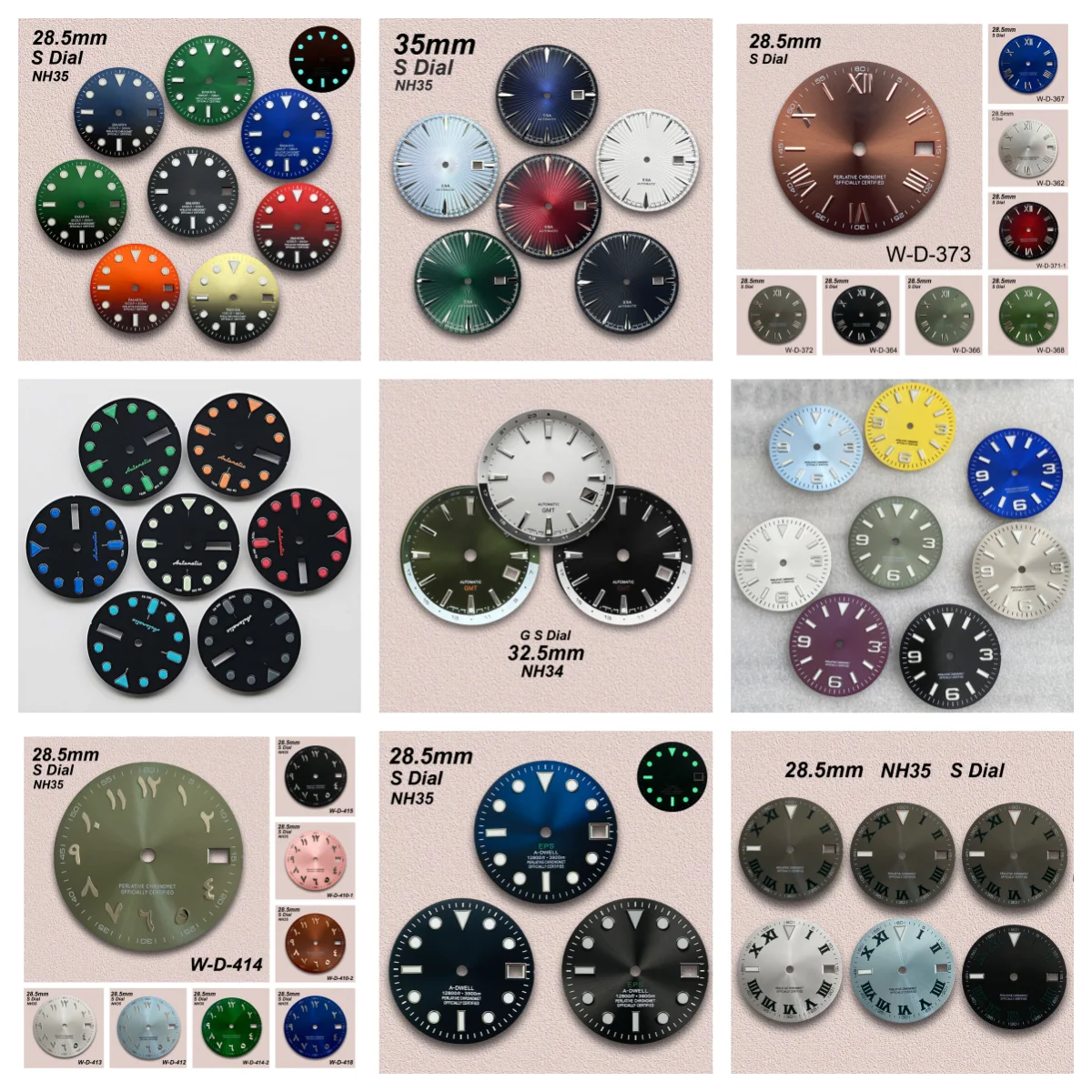 

28.5/32.5/35mm Rome/SUB/GMT S Logo Dial Fit NH35/NH34/NH36 Movement Green/Ice Blue Luminous Watch Modification Accessories