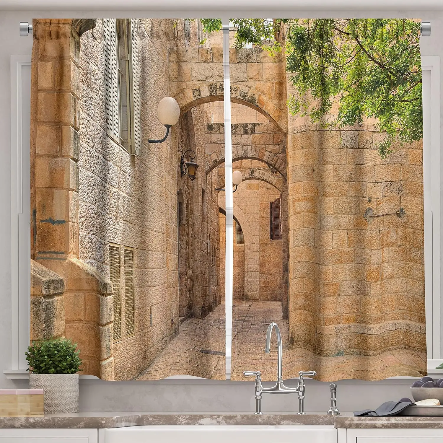 Landscape Long Kitchen Curtains, East Orient Israel Architecture Streets Houses Image Art Photo, Two Panels Drapes with Rod
