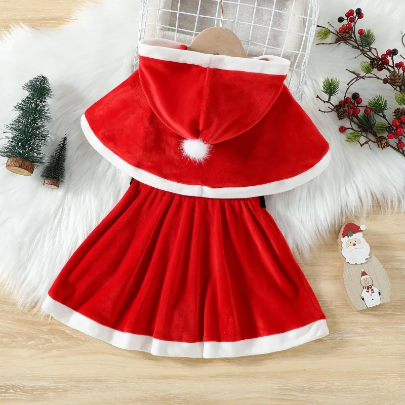 Baby Girl Christmas Santa Romper Dress with Cape Set Red White Black Belt Toddler Holiday Costume Outfit Clothes