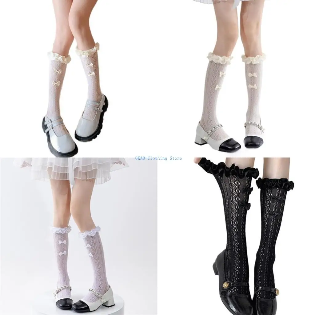 

N0PE Womens Elegant Ruffle Trim Socks Hollowout Striped Mesh Calf Socks with Bowknot