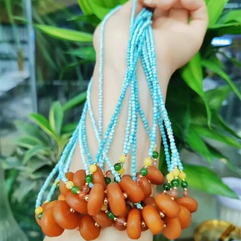 

Колье из янтаря с круглыми элементами, маленькая цепочка на ключицу с бирюзой, янтарная цепочка на ключицу