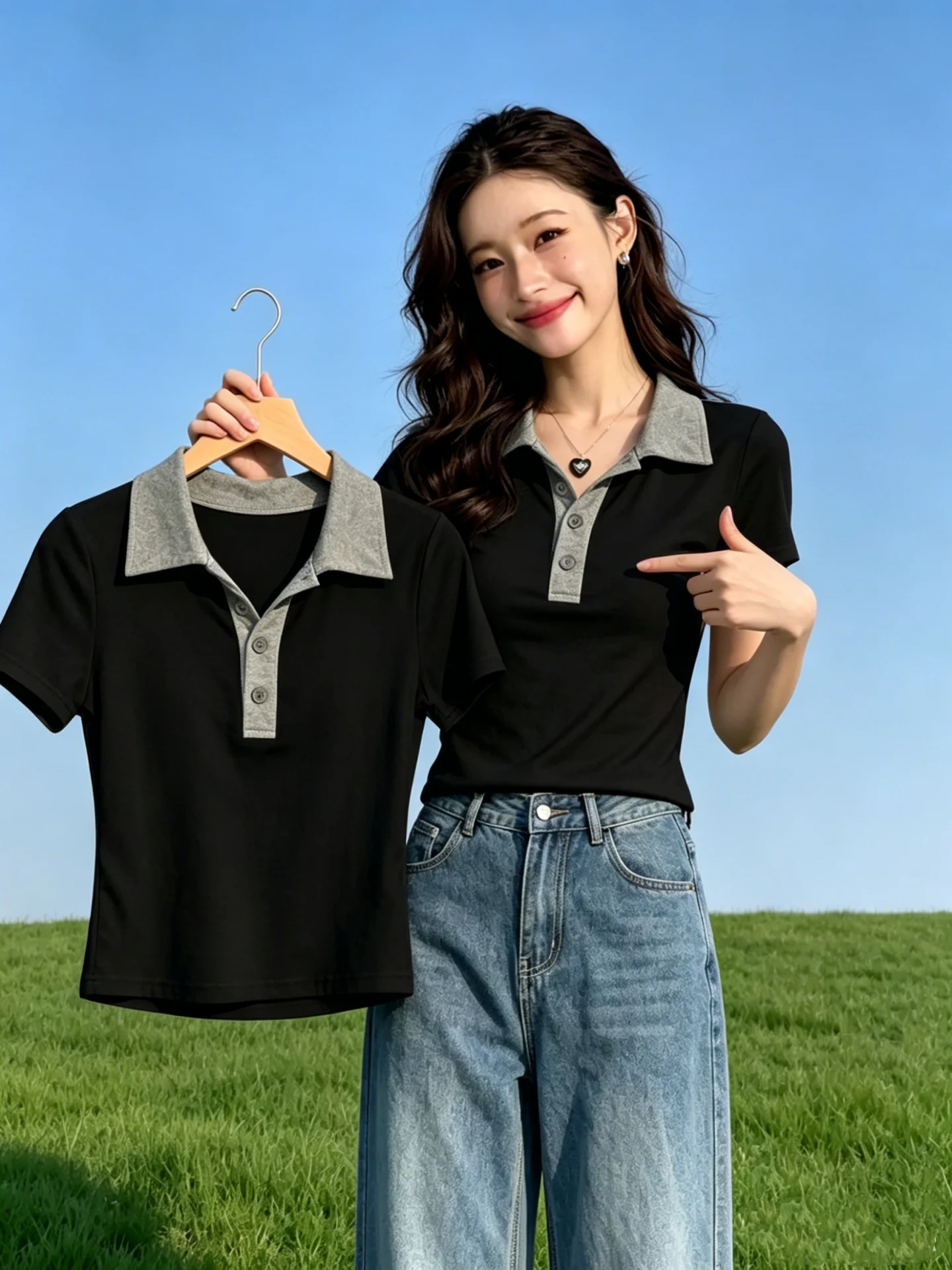 

Summer Women's Shirt Short Sleeve 95 Cotton Waist Cinched Turn-down Collar Slim Fit T-shirt Color Block Shoulder