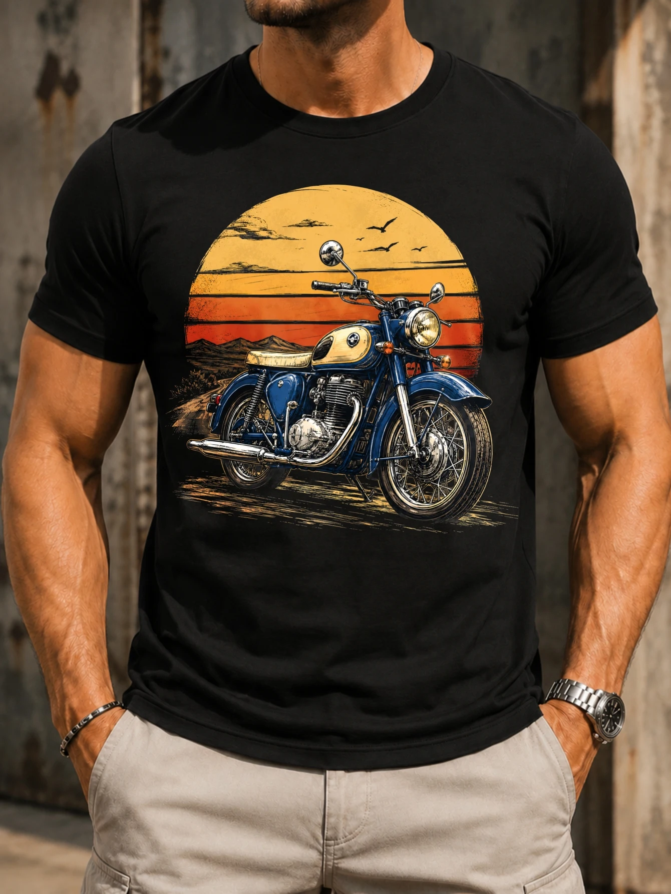 Vintage Motorcycle blue classic bike under orange sunset birds mountains and retro road adventure  Unisex All T-Shirt