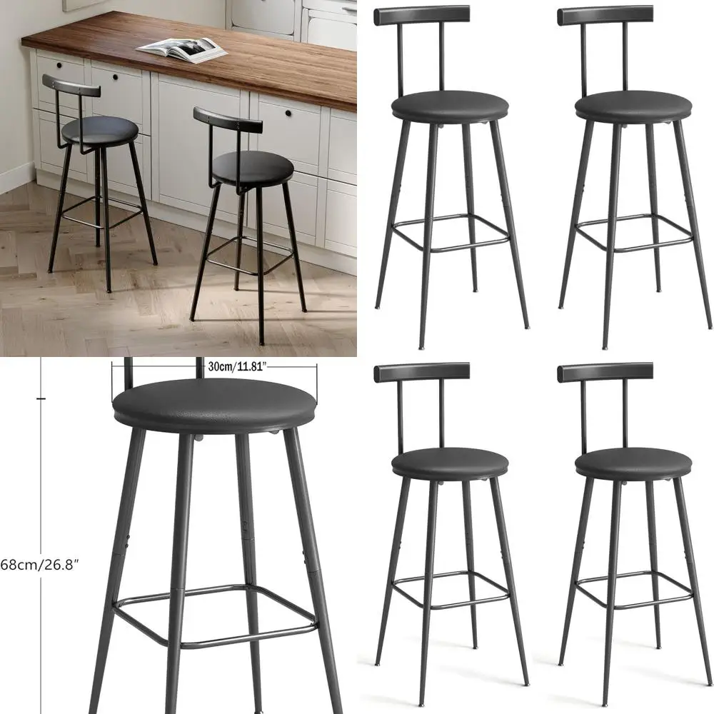 

Bar Stools, Set of 2 High Kitchen Barstools, Bar Chairs with Backrest and Footrest, Industrial Counter Stools with PU Soft seat,