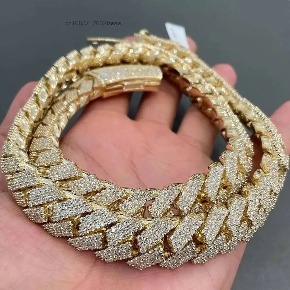 Luxury Hip Hop Jewelry 925 Sterling Silver 20 Mm Width Three Rows Moissanite Flower Mosaic Iced Miami Cuban Link Chain Necklace.