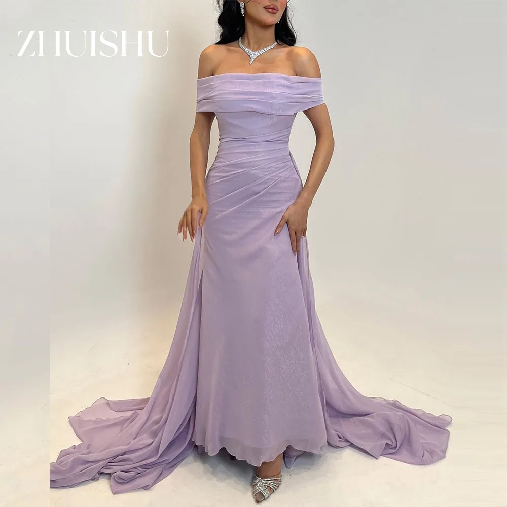 

ZHUISHU фиолетовое вечернее платье с вырезом лодочкой и открытыми плечами, трапециевидное платье для торжественных мероприятий со шлейфом, вечерние платья по индивидуальному заказу 2026