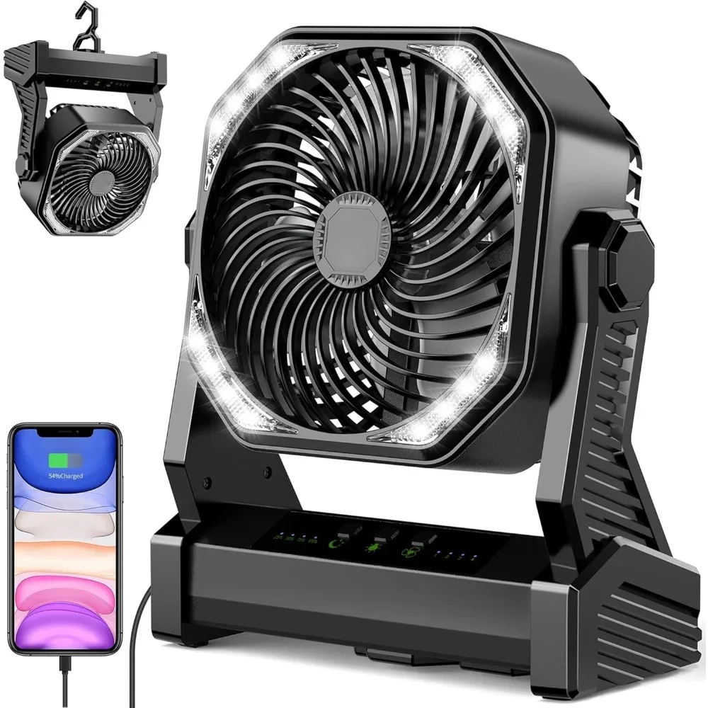 HAOYUNMA-ventilador portátil con batería de 20000mAh, recargable, para escritorio/Camping, con luz y gancho