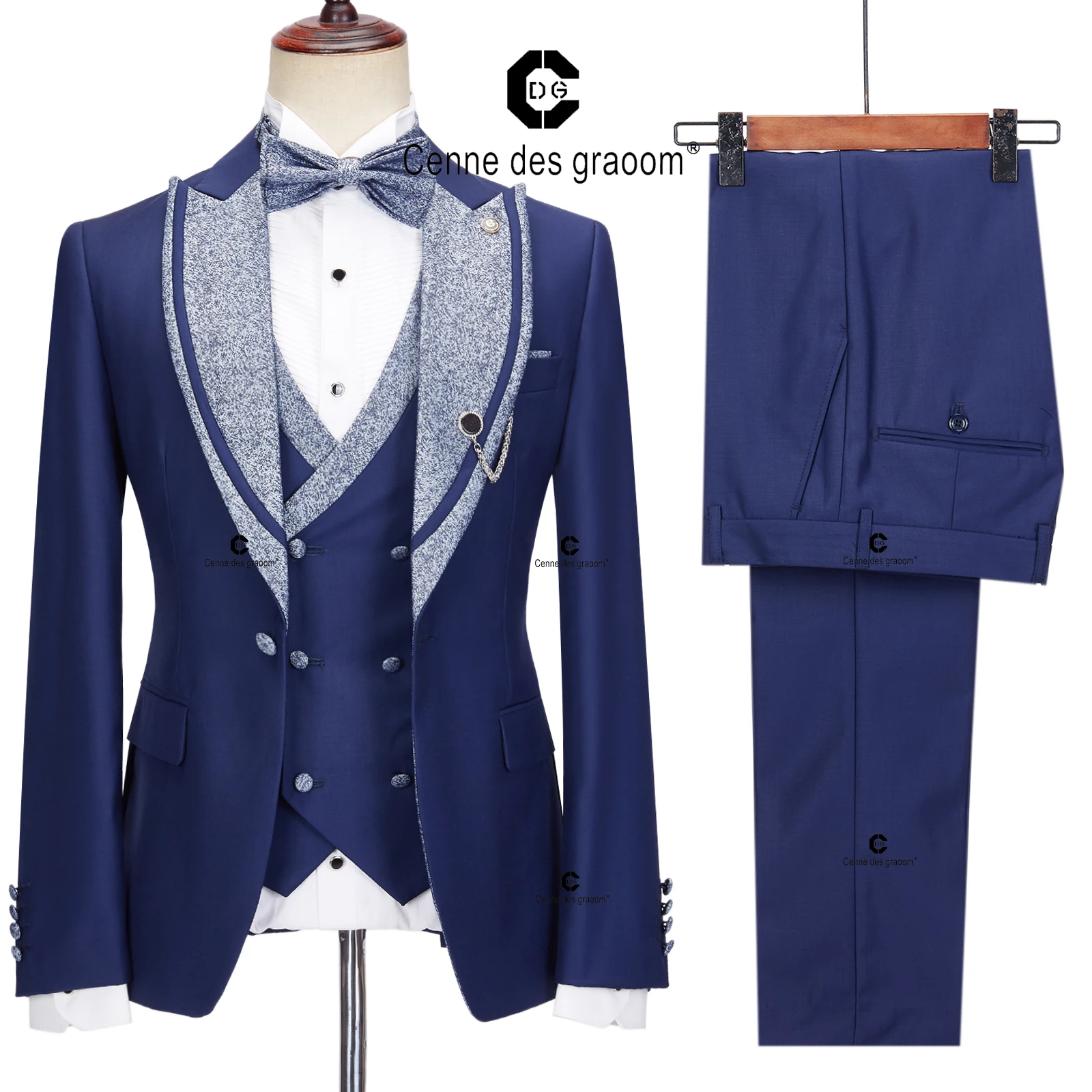 

Bosdan Gulden 2023 Elegant Men Suits Blue Tuxedo 1 Button Blazer Vest Pants with Bowtie 4pcs Set Wedding Evening Dress Prom