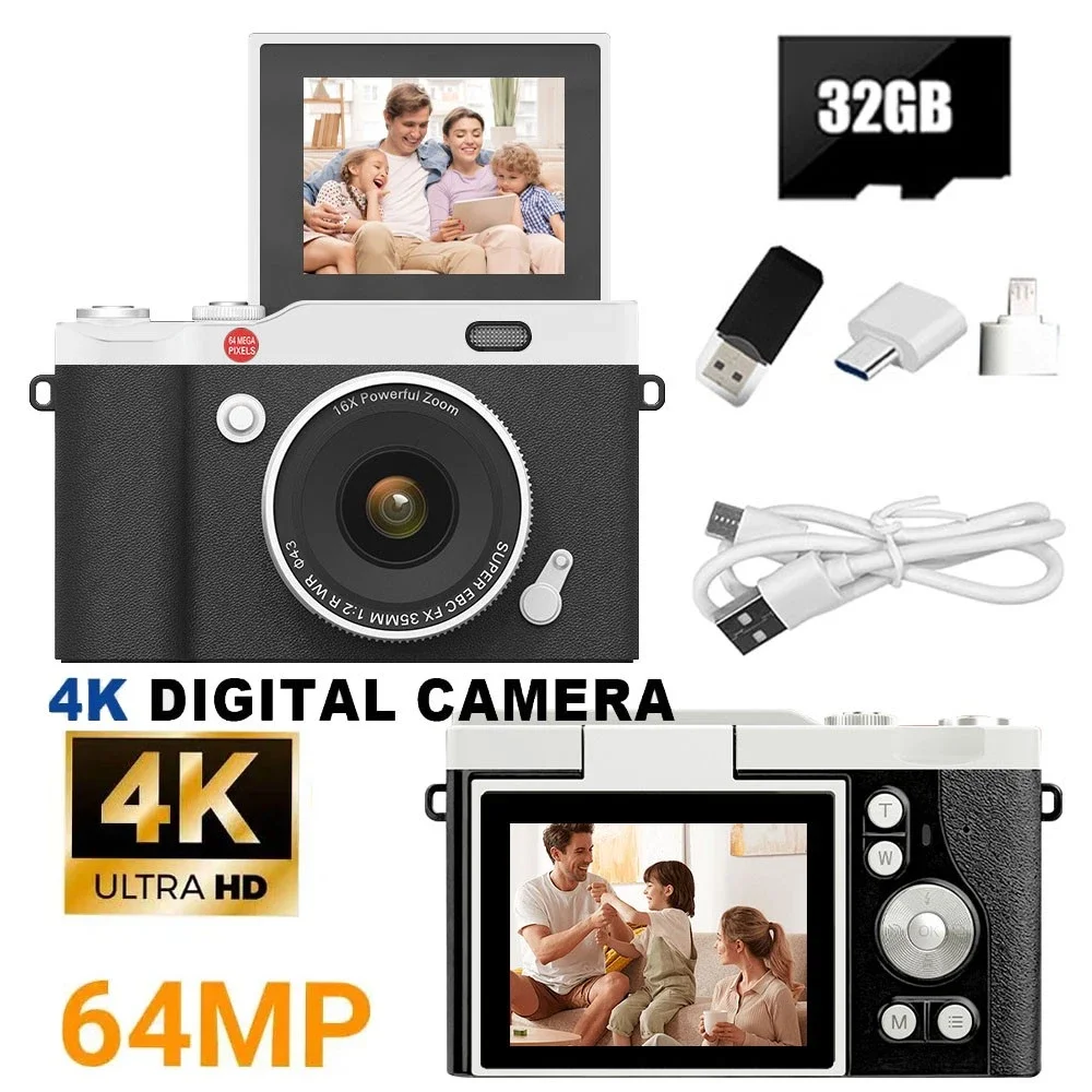 4K Digitalkamera Doppelkamera Blitz 64 Millionen Pixel Retro 2,4 Zoll Bildschirm CCD Tragbare Karte Einsteigermodell 16x Digitalzoom-Kamera