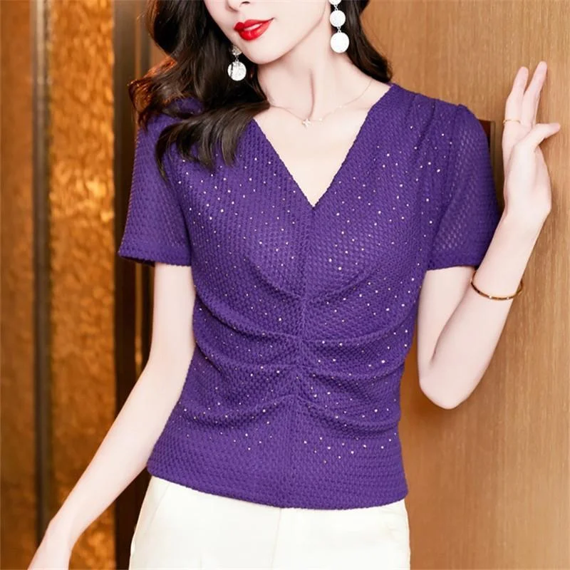

Женская одежда Футболка Slim-fit Свободная футболка с короткими рукавами Женская летняя новая мода с v-образным вырезом и стразами Сетчатая блузка для живота.