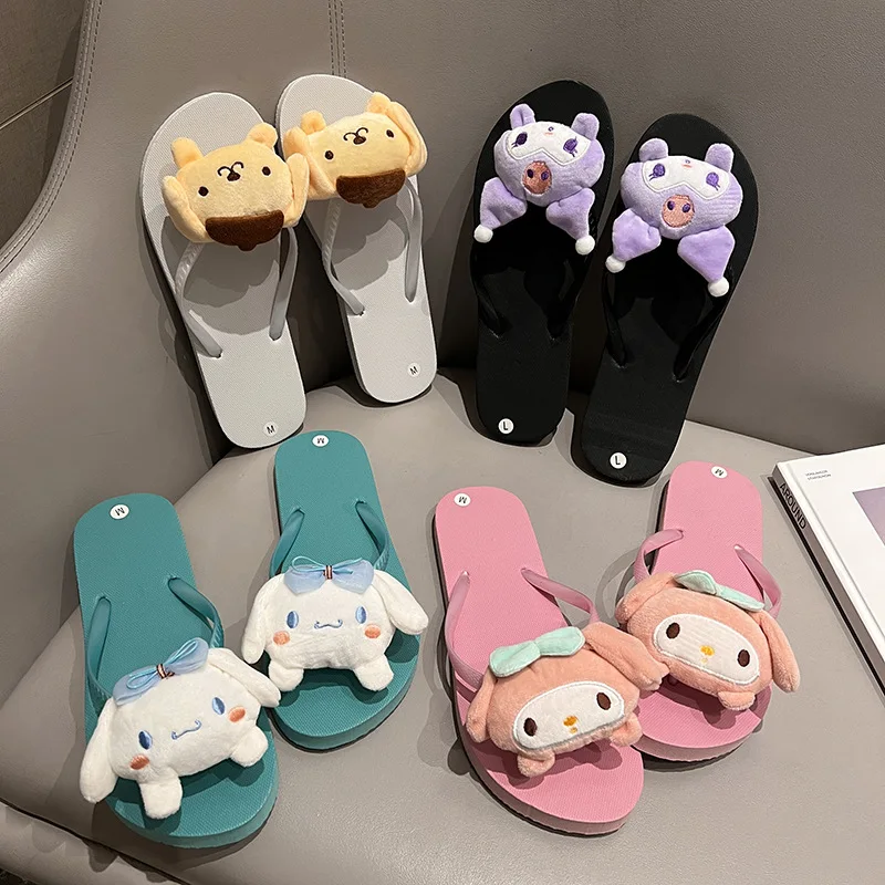 

Sanrio Summer Flip-flops Cute Cinnamoroll Kuromi Plush Doll Slippers for Outer Wear Flat Comfortable Seaside Beach Sandals