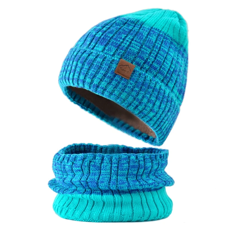 Women Men Winter Hats Color Matching Cuffed Beanie and Bib Thick Knitted Ski