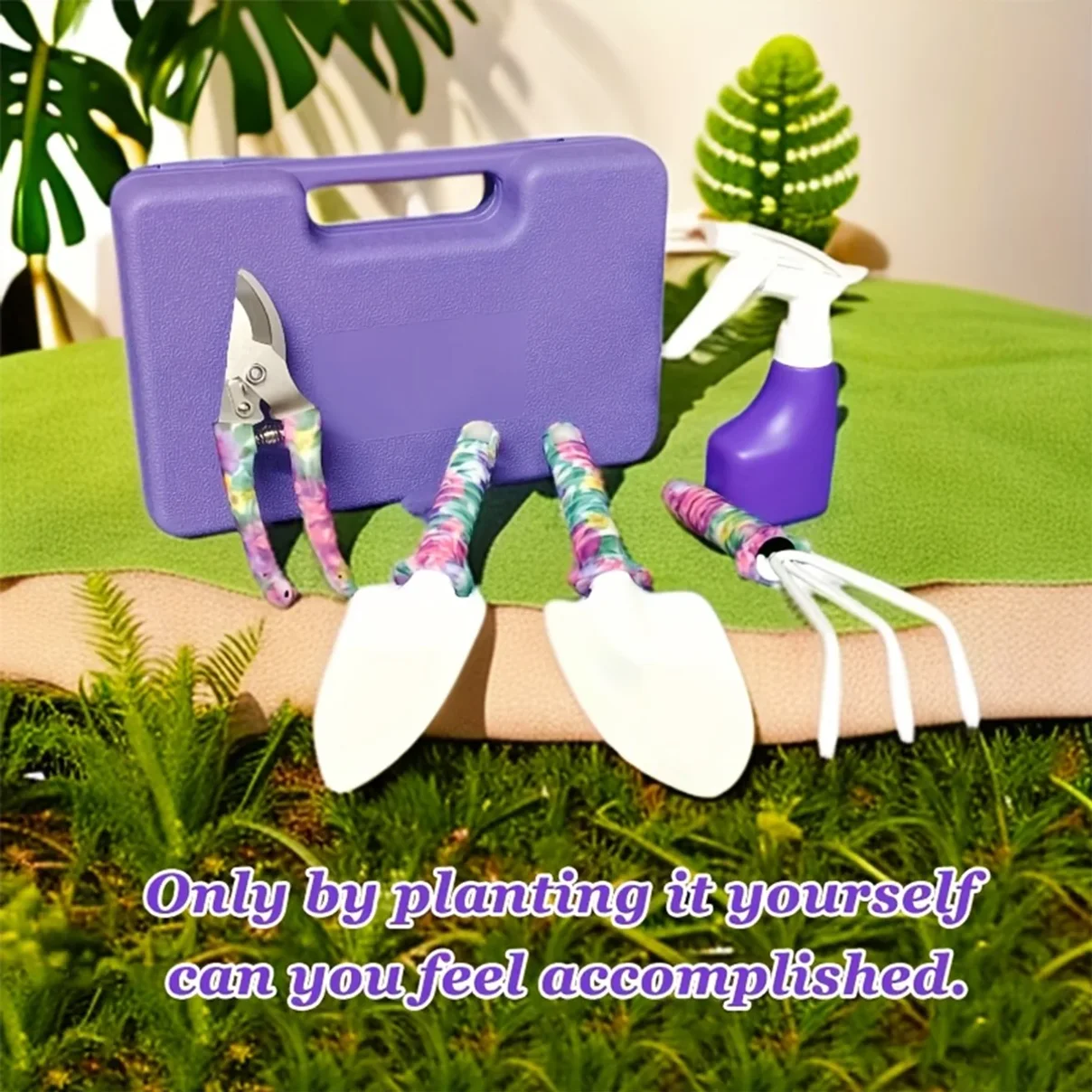5-piece gardening tool set, including shovels, rakes, spades, shears, watering cans, and other garden supplies.