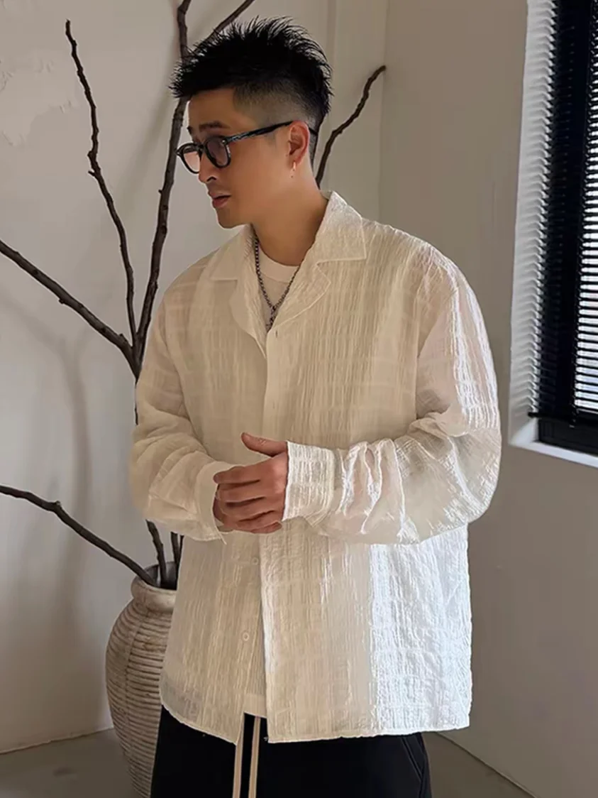 

Summer New Men's Preppy Style Embossed Plaid Texture Long Sleeve Loose Fit Casual Shirt Sun Protection Polyester Fiber