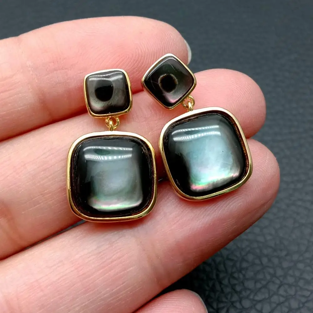 YYGEM  13mm-17mm Natural Black Sea Shell Square Shape Earrings Stud Drop Earring Unique Lady Jewelry