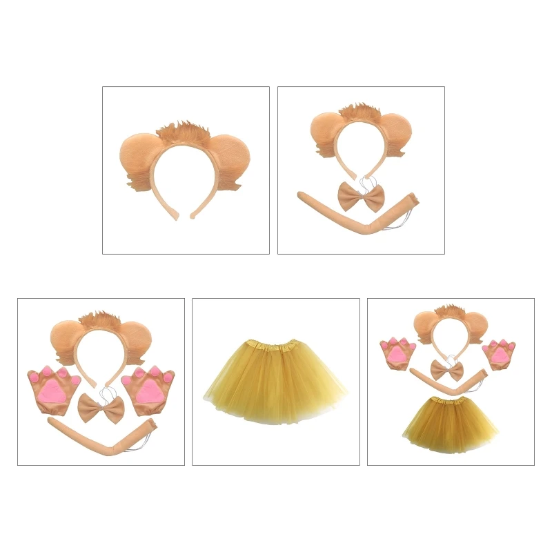 

634C 1/3/4Pcs Lion Costume Set Lion Ears Tail Bow Glove Animal Fancy Costume