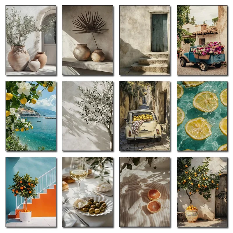 Italian Lemon Orange Olive Tree Retro Mediterranean Greece Landscape Poster Canvas Painting Wall Art Pictures Home Decoration