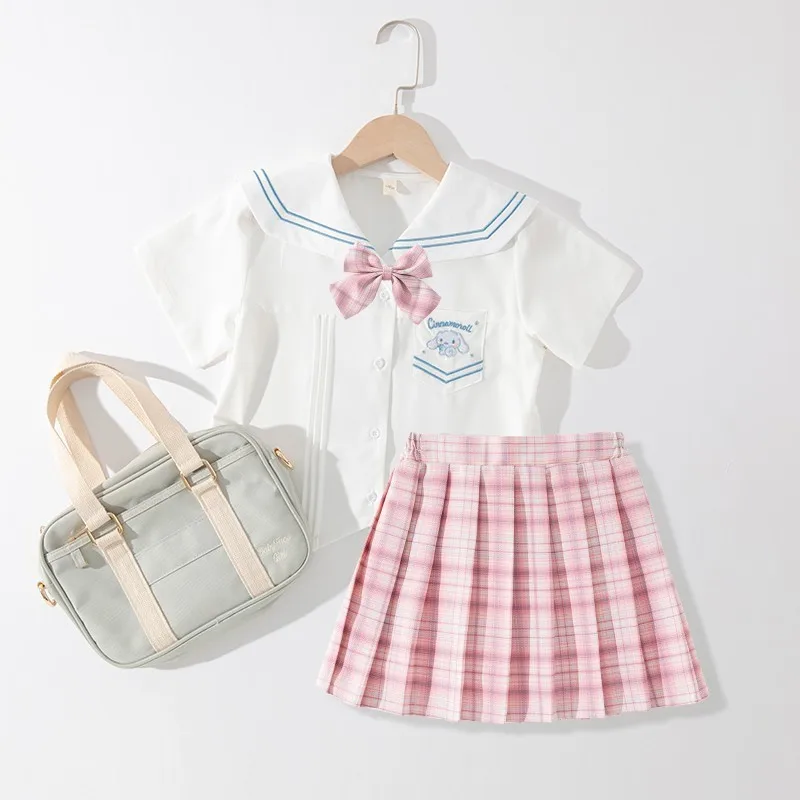 

Sanrio Kids Cinnamoroll Skirt Shirt School Uniform Set Anime Kawaii Summer Cute Maid Outfit JK Suit Pleated Gift for Girls