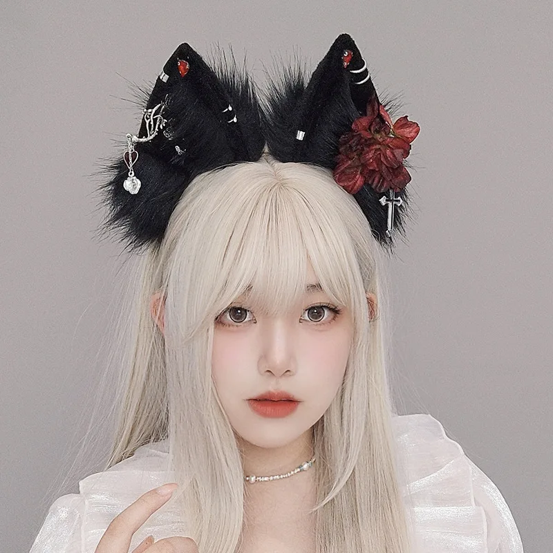 Kawaii Fox Ears Headband with Flower Anime Plush Cat Ears Headdress Hair Accessories JK Girl Halloween Party Cosplay Hair Hoop