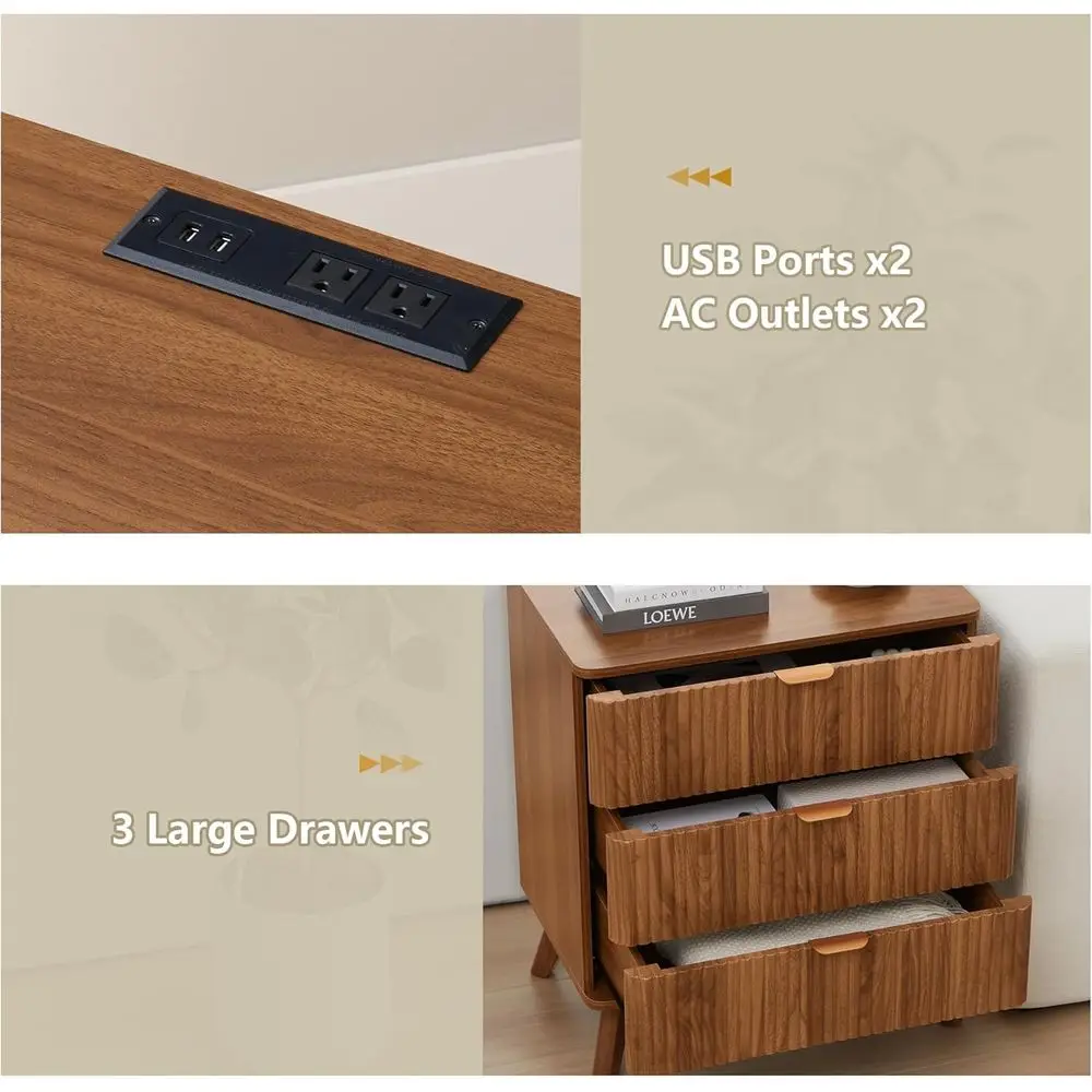 Nachtkastje uit het midden van de eeuw met oplaadpoort, gecanneleerde lades en opbergkast voor modern leven