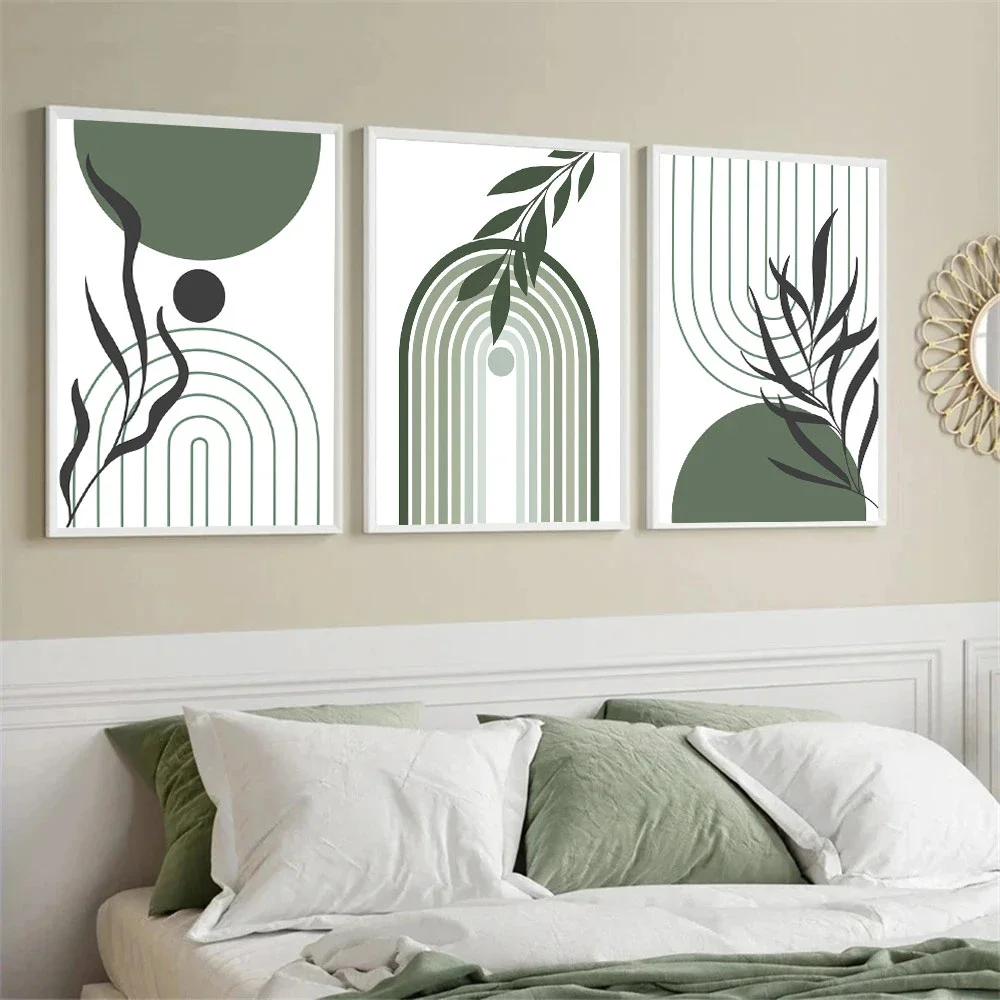 

Abstract Plant Leaves Boho Poster Geometry Line Green Canvas Painting Modern Wall Art Print Pictures Living Room Home Decoration