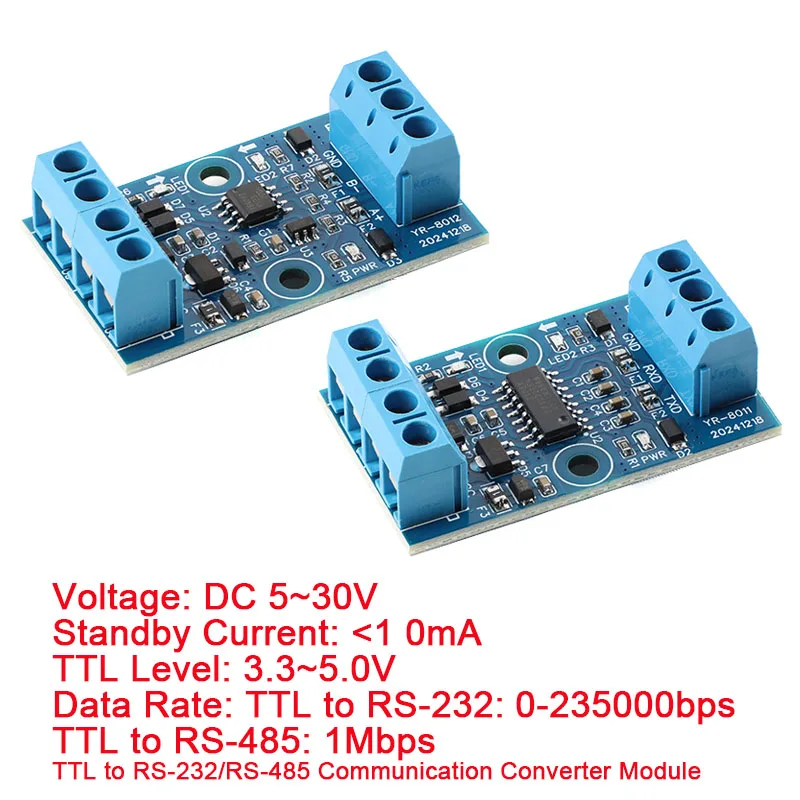 YR-8011/8012 TTL в RS-232/485 Высокопроизводительный модуль преобразователя связи Высокоскоростной 3,3 В/5 В Частота данных 0-235000 бит/с 1 Мбит/с