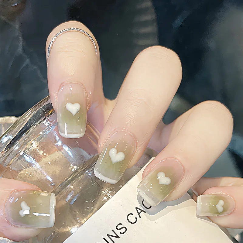 

24Pcs Green French Tips Square Short Glossy False Nail with White Love Simple Press on Nails Summer Detachable Manicure Art Nail