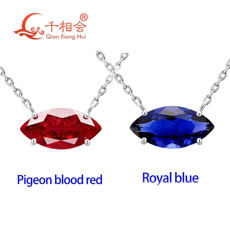 

925 Sterling Silver 8x16mm Solitaire Lab Grown Gemstone Pigeon Blood Red Ruby/Blue Sapphire Marquise Cut Pendant Necklace