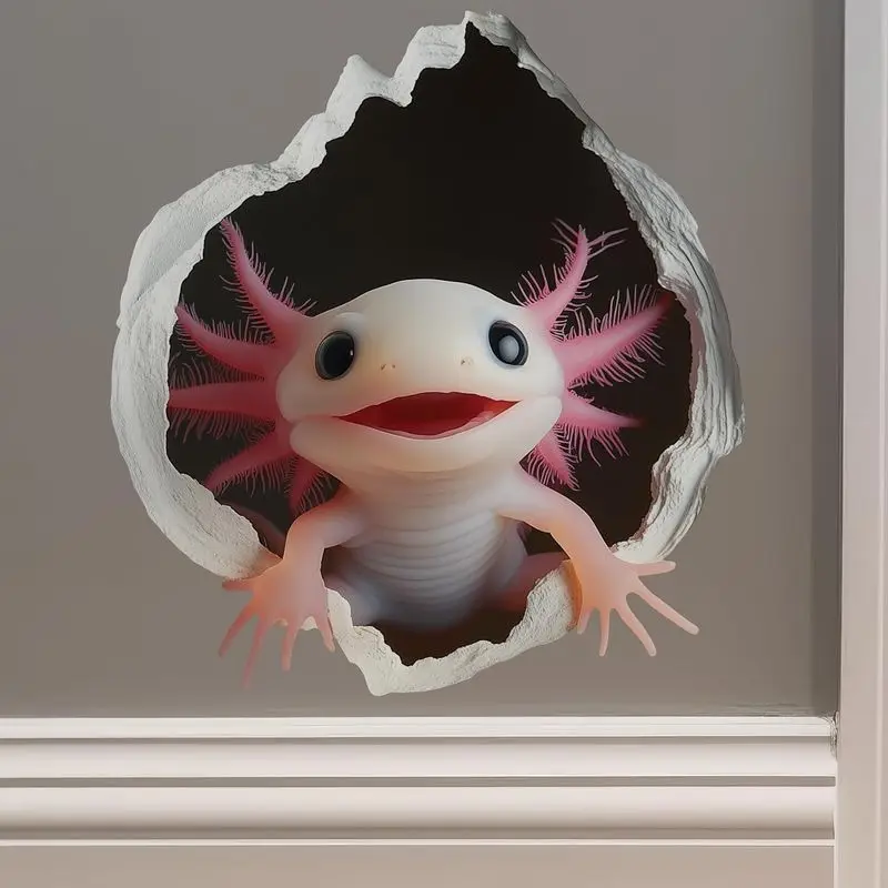 VIKAMA 3D Axolotl Salamander Wall Sticker Breaking Hole Effect, Self-Adhesive Peel and Stick Decal, Cute Kids Room Decor