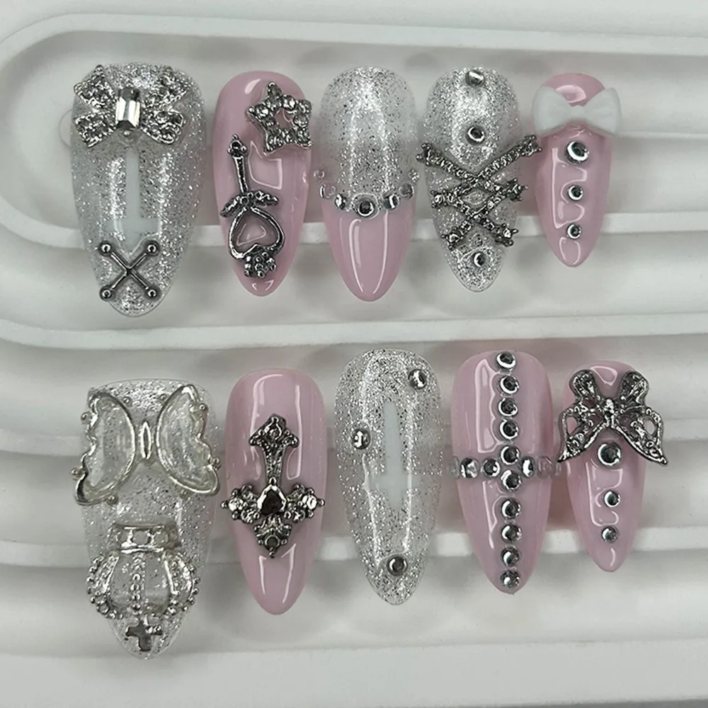 Y2K Cute Gyaru French Almond Handmade Press On Nails 3D Butterfly Star Cross Diamond Fake Nails Pink Bow Silver Glitter Nail Art