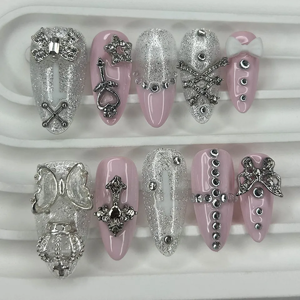 Y2K Uñas Postizas Gyaru Francesas Almendra Hechas a Mano 3D Mariposa Estrella Cruz Diamante Falsas Rosa Moño Plata Brillantina Arte 2