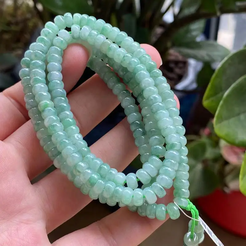 Natural a Cargo Myanmar Jade Ice-like Floating Green Flat Abacus Beads Multi-Circle Bead Necklace Bracelet 5.8mm