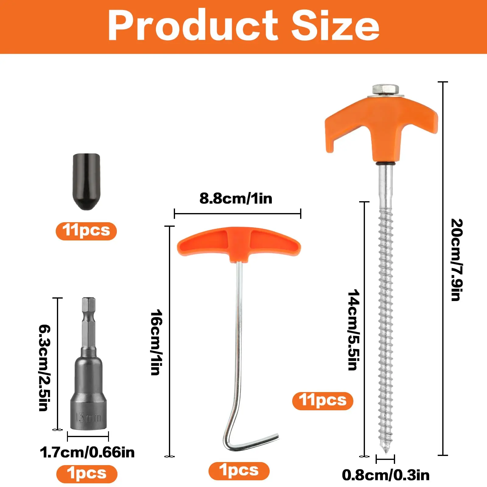 أوتاد خيمة معدنية شديدة التحمل مقاس 11 قطعة مقاس 8 بوصات - مثبتات لولبية للأرض الصلبة مع محول مثقاب