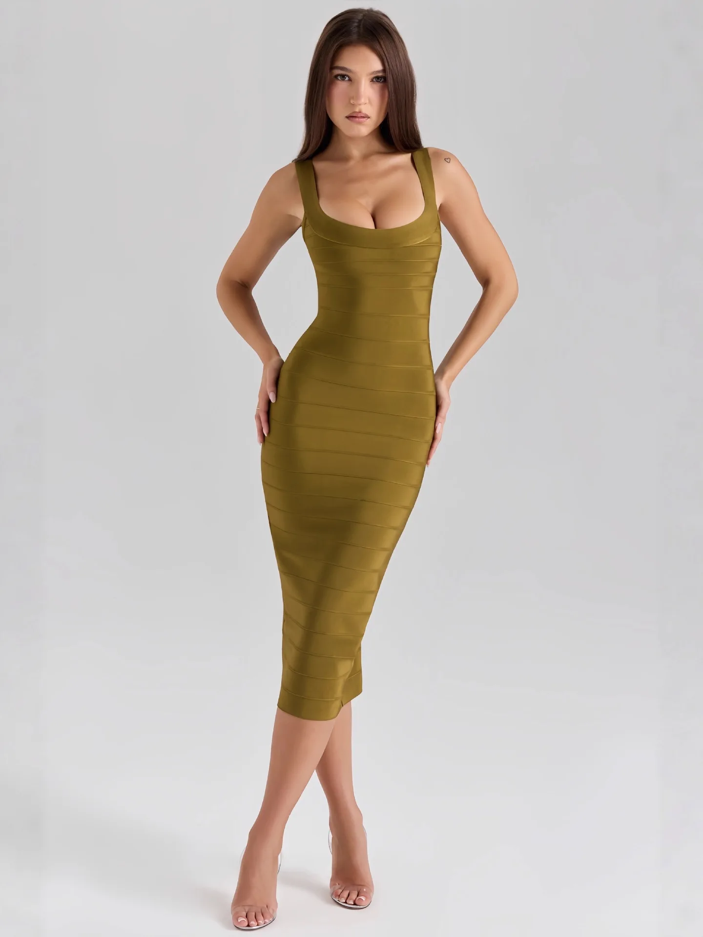 

New High Quality Feminine Sleeveless U-Neck Olive Green Summer Skinny Silk Bandage Dress Elegant Evening Party Dress Hot sales