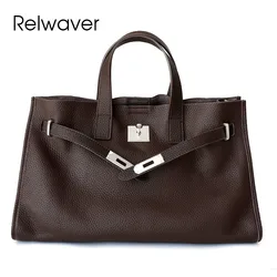 Relwaver women tote bag genuine leather head layer cowhide women handbag 2025 spring versatile shoulder bag big commuting bag