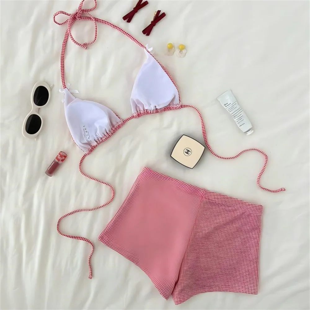 Sexy Plaid Bikini Shorts Set White Bowknot Micro String Swimsuit Women Two Piece Tankini Backless Vacation Swimwear Beach Outfit