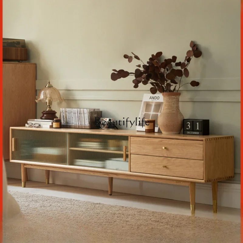 

3Solid wood simple modern small apartment oak floor cabinet living room log glass door TV cabinet