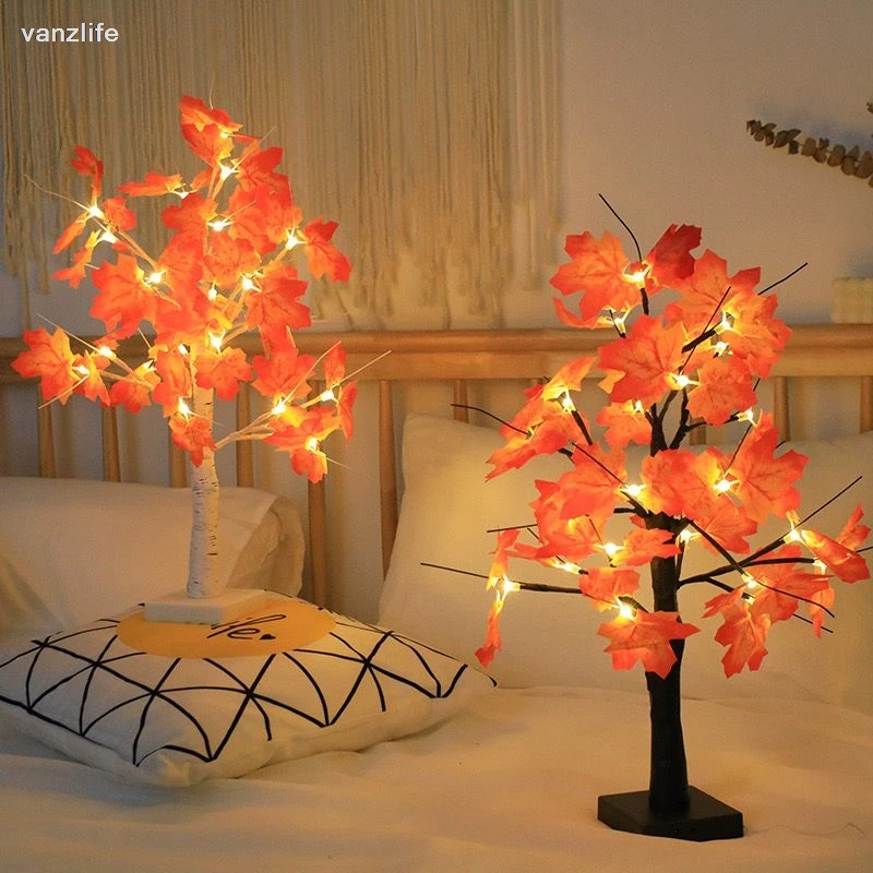 vanzlife Tree lamp bedroom room girl romantic decoration room plug-in simulation maple leaf tree lamp flower  colorful lamp