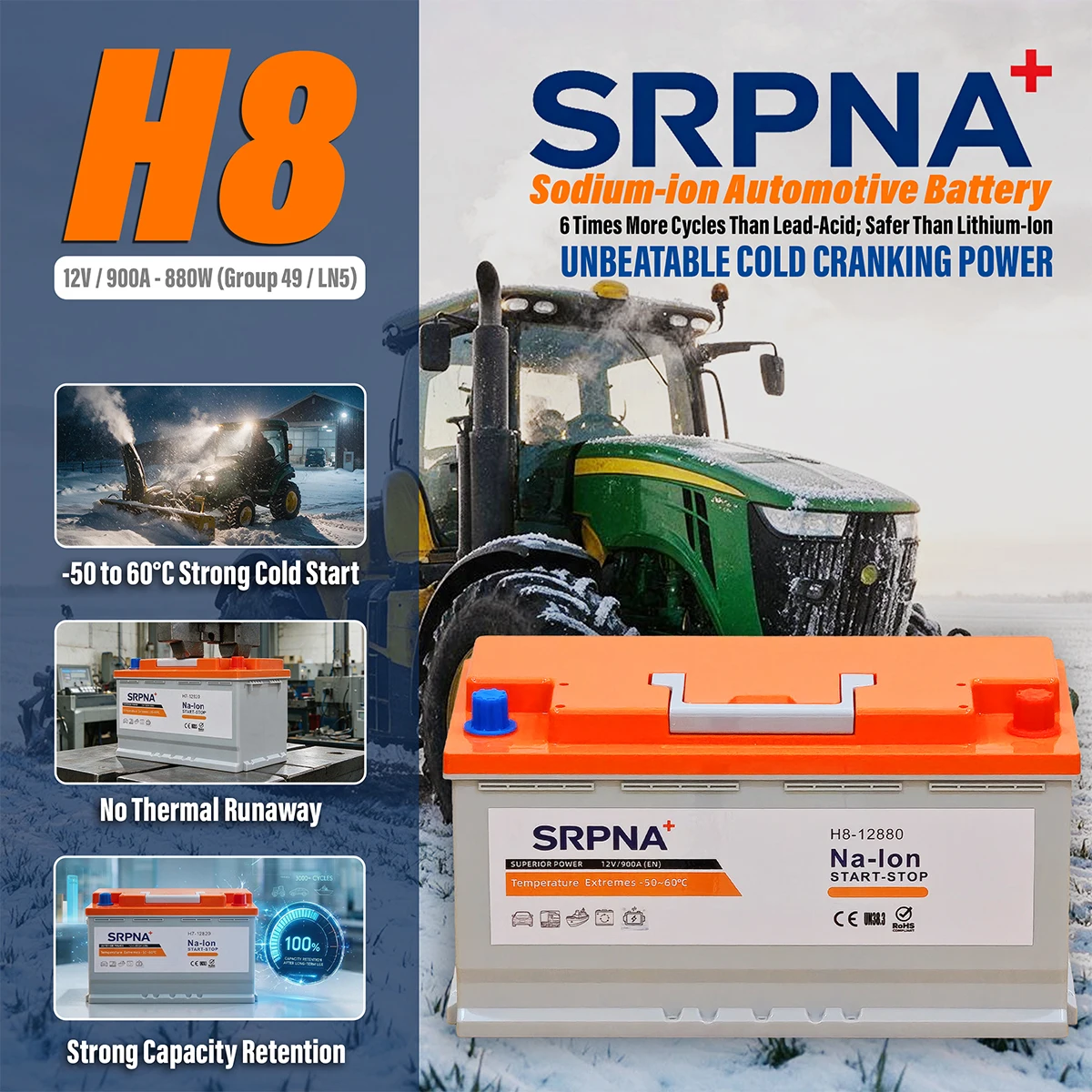 H8 (Group 49 or LN5) Sodium ion (Na-ion) Battery for Heavy Duty Agricultural Machine - Strong Cold Cranking, Longlasting