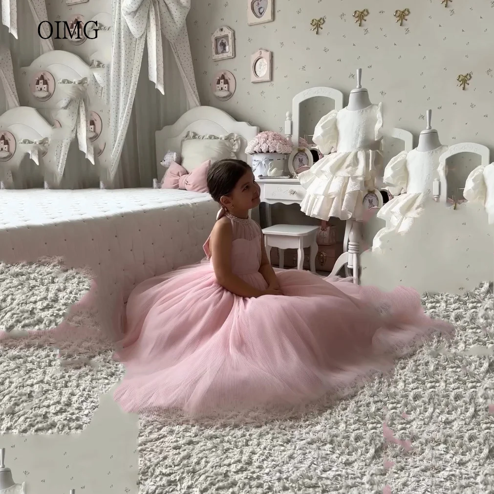 

OIMG Pink Princess A-line Flower Girl Dresses O Neck Sleeveless Wedding Party Gown Floor Length Birthday Dress Customized