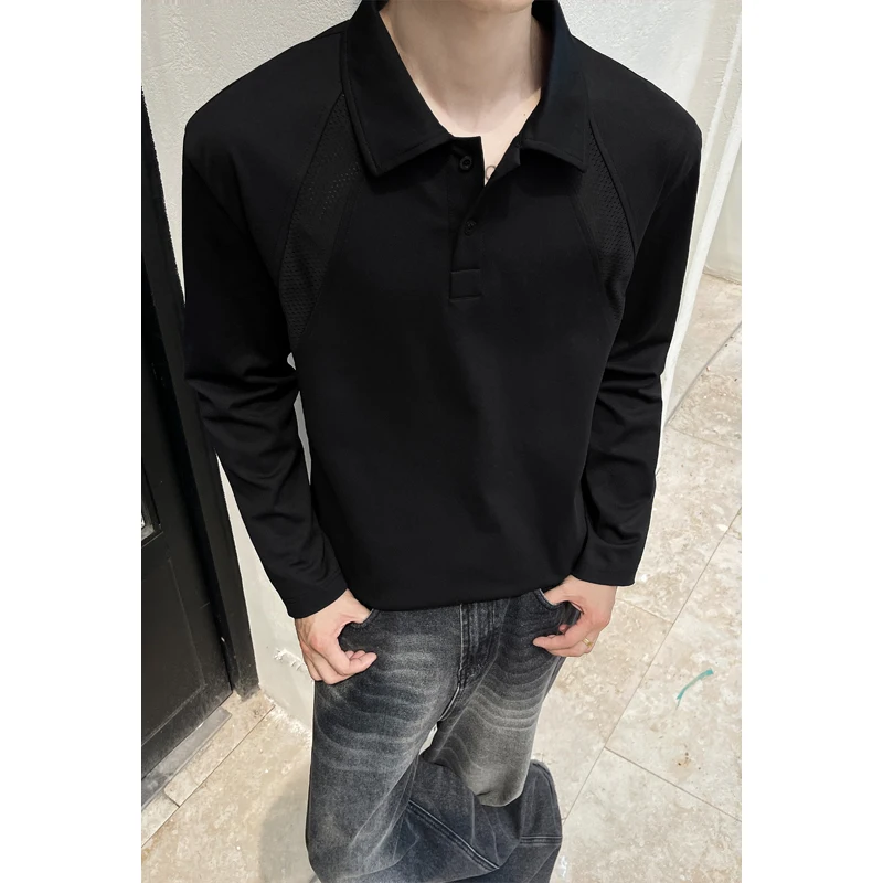 Men's Long Sleeve Polo Shirt Mesh Panel Insert Breathable Sports Top, Loose Fit Casual Turn Down Collar Pullover for Autumn