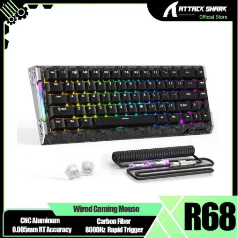 ATTACK SHARK R68 HE 8000Hz Carbon Fiber Rapid Trigger Gaming Keyboard, 60% RGB Hall Effect Wired Magnetic Keyboard, CNC Aluminum